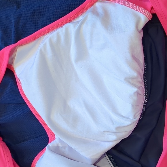 Neon Pink and Blue V Neck One Piece Swimsuit with Sheer Skirt Overlay size Large - Picture 7 of 9